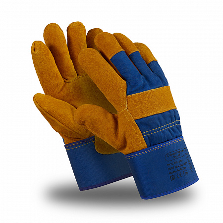 Перчатки СТАЛКЕР ФРОСТ (WG-791), спилковые комбинированные, мех, крага, цвет коричнево-синий
